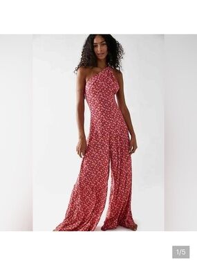Free People Arlo Red Floral One-Shoulder Wide-Leg Jumpsuit